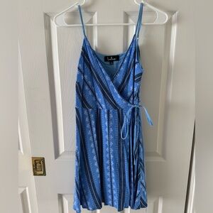 Lulu's Blue Striped Breezy Aesthetic Navy Blue Striped Wrap Mini Dress by Lulus